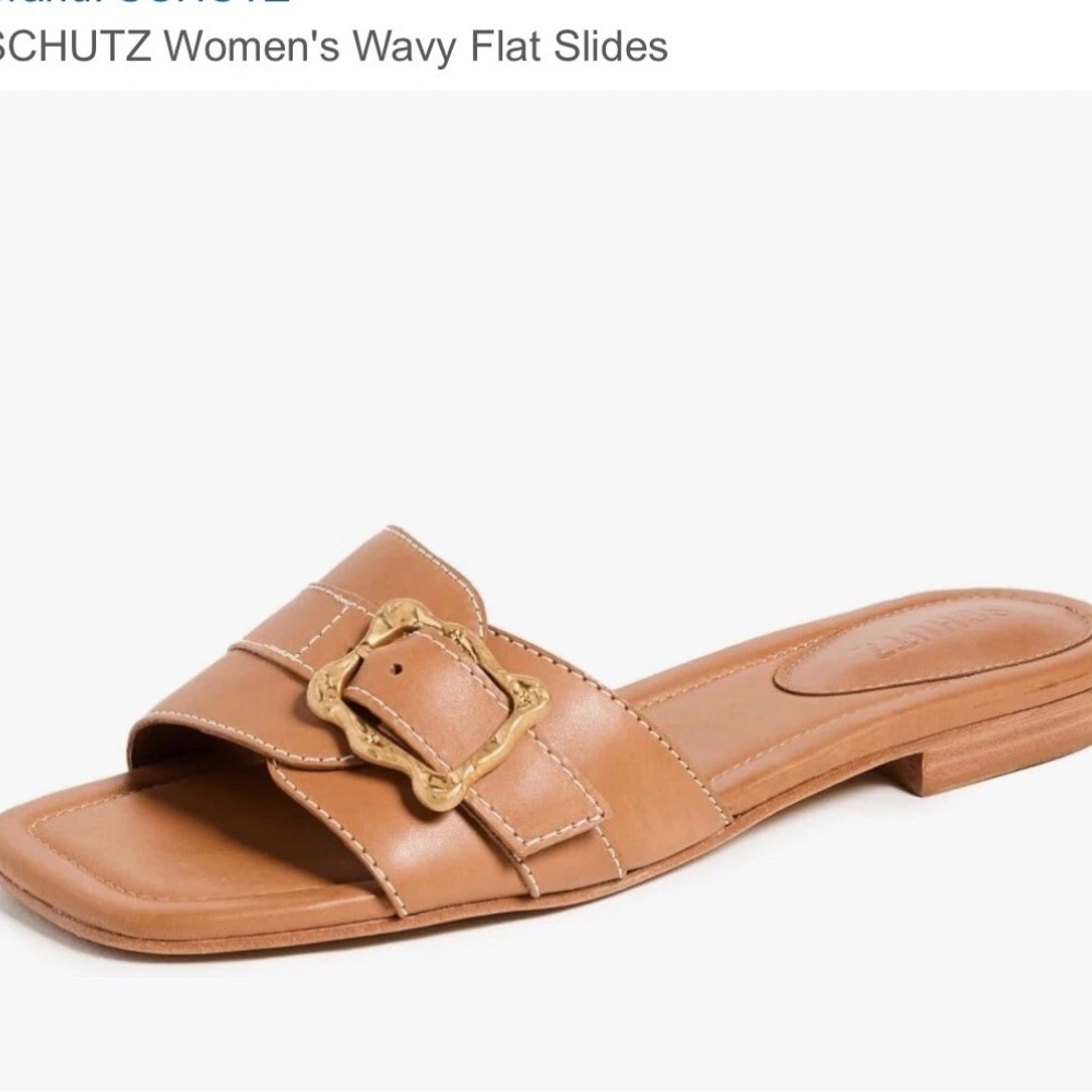 SCHUTZ Tan Leather Wavy Flat Slide Sandals with Gold Buckle